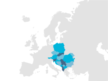 Európa térképen jelölve a CEEPUS programmal elérhető országok kékkel kiemelve