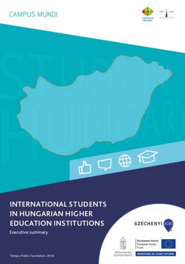 Nemzetközi hallgatók a hazai felsőoktatási intézményekben kiadvány borítóképelogókkal és Magyarország térképpel angolul