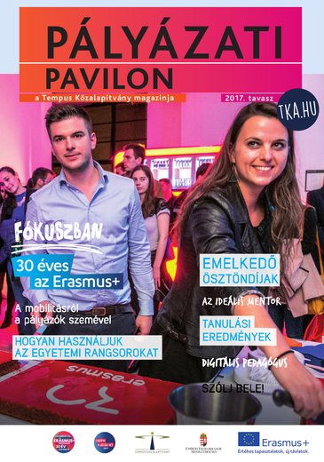 Pályázati Pavilon 2017 tavasz borítóképe egy fiatal fiú és lány képével és kiemelt cikkek címeinek feltüntetésével